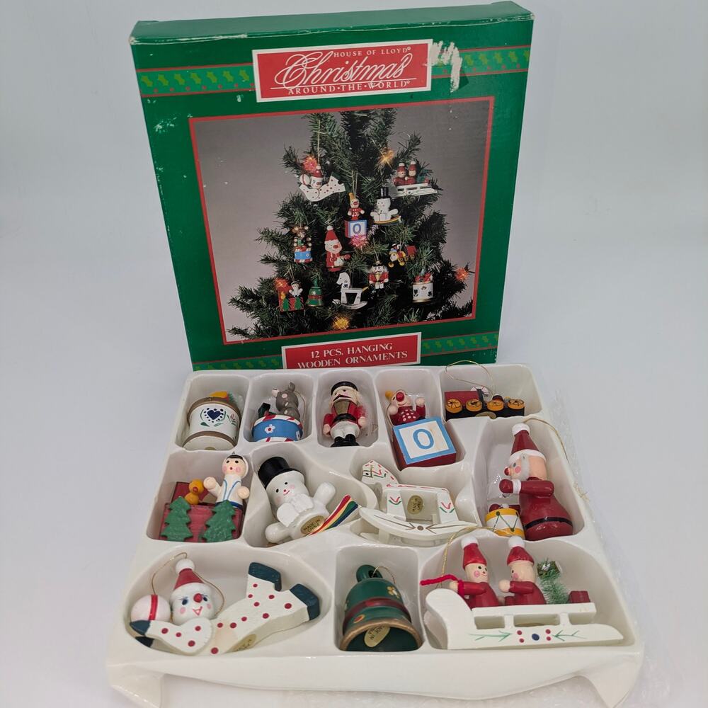 VTG Painted Wooden Christmas Ornaments 12pc Box Set House of LLoyd New Old Stock